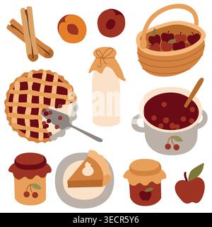 Handgezeichnete gemütliche Essensillustrationen von Kürbis- und Kirschkuchen, Marmelade und Obst, komfortable hausgemachte Speisen für Verpackung, Menü, Café Stock Vektor