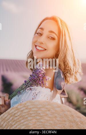 Frau Lavendel Sonnenuntergang lächelnde junge Dame mit frischen Blumen in blühendem lila Feld während der warmen Sommer goldenen Stunde Stockfoto