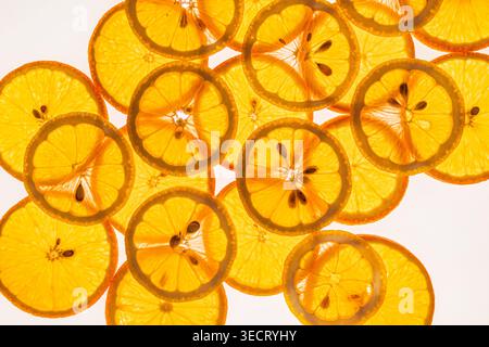 Leuchtende Orangen-Zitrusscheiben auf einem hellen Hintergrund, die saftige Fruchtfleisch- und Rindenstruktur zeigen. Ideal für Sommer, Essen, Wellness und Erfrischungen Stockfoto