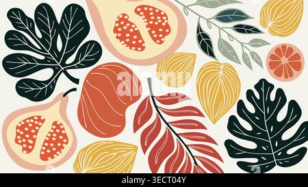 Verschiedene Arten von tropischen Blättern und Früchten sind in einem wiederholten Muster auf einem hellen Hintergrund angeordnet. Das Design zeichnet sich durch verschiedene Farben und Formen aus Stockfoto