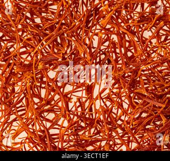 Safranfäden füllen den Rahmen mit kräftiger roter Farbe und zarter Textur Stockfoto