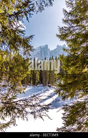 Winterszene am Karersee in Südtirol, Italien, mit schneebedeckten Wäldern, klarem alpinen Licht und zerklüfteten Dolomitengipfeln in der Provinz Bozen. Stockfoto