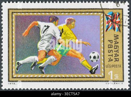 Gestempelte Briefmarke, gedruckt von Ungarn, die 1972 die UEFA Fußball Europanische ChamiChampionship, Belgien, um 1972 fördert. Stockfoto
