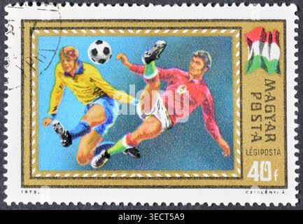Gestempelte Briefmarke, gedruckt von Ungarn, die 1972 die UEFA Fußball Europanische ChamiChampionship, Belgien, um 1972 fördert. Stockfoto
