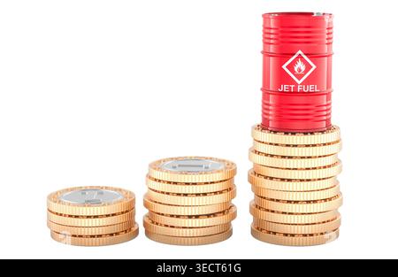 Jet Fuel Fass auf steigenden Münzstapeln. Steigende Treibstoffpreise für den Luftverkehr, Konzept. 3D-Rendering isoliert auf weißem Hintergrund Stockfoto
