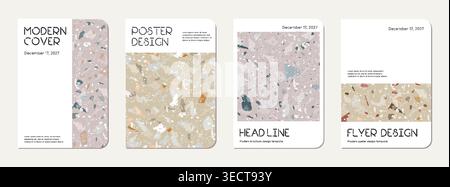 Broschürenumschlag. Abstrakter Terrazzo-Hintergrund aus Natursteinen, Granit, Quarz und Marmor. Broschürenvorlage mit venezianischem Terrazzo. Stock Vektor