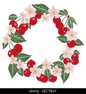 Leuchtend rote Kirschen schmiegen sich zwischen rosa Blüten Stock Vektor