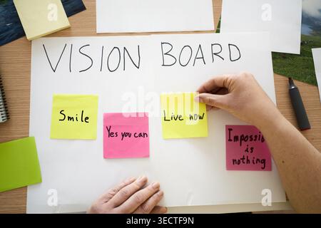 Hände, Frau und Schrift auf der Vision Board zu Hause für Planungsziele, Ziele und Manifestationen. Poster, Bilder und Haftnotizen zur Inspiration, Stockfoto