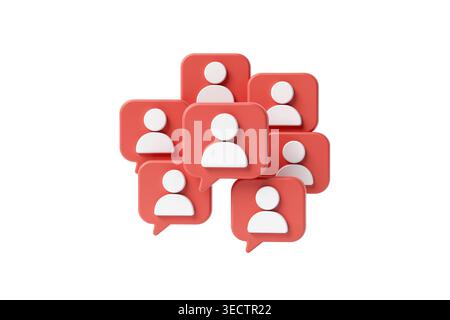 3D-Darstellung einer Gruppe roter Follower-Benachrichtigungssymbole in Form von Sprechblasen mit weißen Benutzersilhouetten, die die Interaktion in sozialen Medien symbolisieren. Stockfoto
