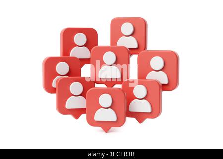 3D-Darstellung einer Gruppe roter Follower-Benachrichtigungssymbole in Form von Sprechblasen mit weißen Benutzersilhouetten, die die Interaktion in sozialen Medien symbolisieren. Stockfoto