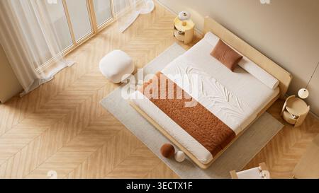 Die hohe Perspektive eines modernen Schlafzimmers mit Naturholzmöbeln und warmen Erdtönen sorgt für eine ruhige, minimalistische Ästhetik. 3 Stockfoto