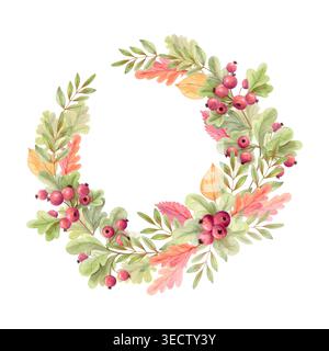 Aquarellkränz mit Waldbeeren und Blättern, handgezeichneter botanischer Rundrahmen in warmen Herbsttönen für Karten, Etiketten. Stockfoto