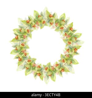 Aquarellkranz mit Haselnüssen und grünen Blättern, handgezeichneter botanischer runder Rahmen des Herbstwaldes isoliert auf weißem Hintergrund Stockfoto
