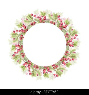 Aquarellrunder Rahmen mit Weißdornbeeren und Blättern, handgezeichnete botanische Herbstkranzgrenze isoliert auf weißem Hintergrund Stockfoto