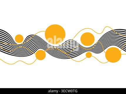 Abstrakter Vektorhintergrund mit schwarzen welligen Linien und orangen Kreisen auf weißem Hintergrund im OP-Art-Stil. Stockfoto