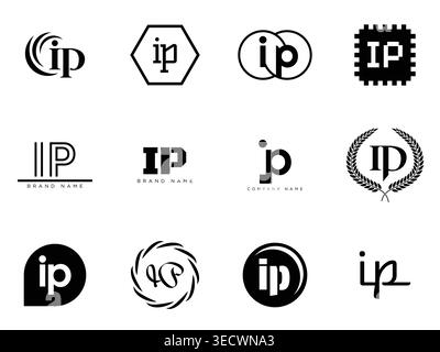 IP-Logo-Firmenvorlage. Buchstaben i und p Schriftzug. Setzen Sie mit Designelementen verschiedene klassische Serifenschriftarten und modernen, auffälligen Text. Anfängliche Schriftart Stock Vektor