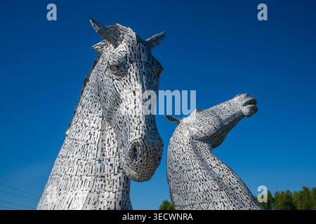 Die Kelpies in Falkirk, Schottland, unter sonnigem blauem Himmel. Die legendären Pferdekopfskulpturen sind ein bedeutendes Wahrzeichen Schottlands des Künstlers Andy Scott Stockfoto
