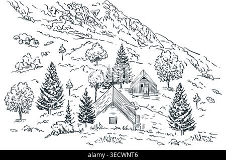 Berglandschaft mit kleinen Holzhäusern und Wald. Vintage Hand gezeichnete Skizze Vektor Illustration. Bergdorf mit Gravur auf weißem Hintergrund Stock Vektor