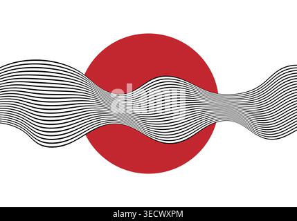 Abstrakte Komposition mit rotem Kreis und schwarz-weißen Wellenlinien im japanischen minimalistischen Stil. Stockfoto