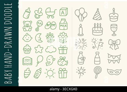 Handgezeichnete Babyduschen-Ikonen und süßes Geburtstagsfeier-Doodle-Set Stock Vektor