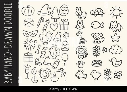 Handgezeichnete Feiertagsfestsymbole und niedliches Baby-Tier-Doodle-Element-Paket Stock Vektor