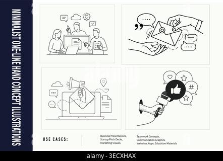 Minimalistisches Business Concept Line Art Illustrationsset für Teamwork Marketing und Kommunikation Stock Vektor