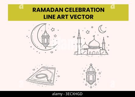 Skurrile handgezeichnete Ramadan-Feiertagslinie-Art-Vektor-Set Stock Vektor