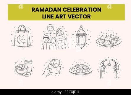Handgezeichneter Ramadan-Feiertag-Linie-Kunstvektor mit islamischen Familiensykonen Stock Vektor