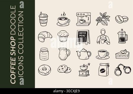 Handgezeichnete Coffee Shop-Doodle-Icons-Kollektion mit Café- und Bäckereisymbolen Stock Vektor