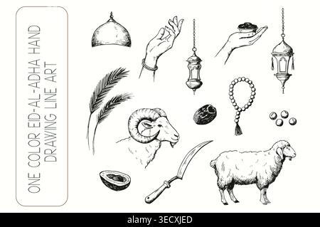 Vintage-gravierte Illustration von Qurbani-Tieren und Eid-Festivalelementen Stock Vektor