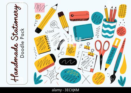 Handgefertigte Schreibwaren-Doodle-Pack mit farbenfrohen Büro- und Schulutensilien Stock Vektor