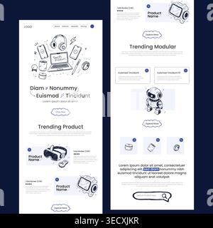 Moderne Landing-Page-UI-Vorlage für technische Produkte mit handgezeichneten Kritzeleien Stock Vektor