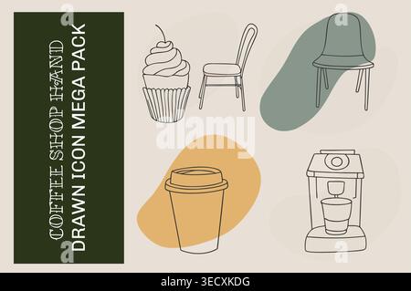Handgezeichnetes Coffee-Shop-Icon-Mega-Pack mit minimalistischen Line-Art-Elementen Stock Vektor