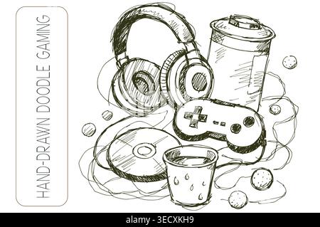 Kreative Skizze der Videospielausrüstung mit Kopfhörern, Gamepad und CD Stock Vektor