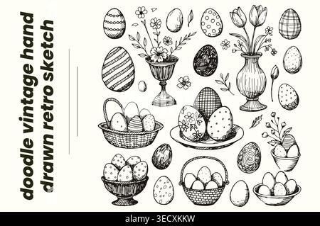 Set aus handgezeichneten Ostereiern und Frühlingsblumenelementen Stock Vektor