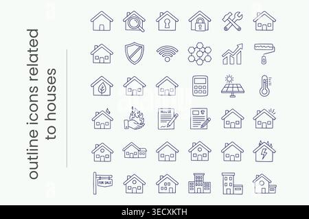 Ikonen des Immobilienmanagements im Doodle-Stil mit Schildern zum Verkauf und Solarenergie Stock Vektor