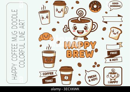 Happy Coffee Becher Kritzelset mit süßen Kawaii-Charakteren und Frühstückselementen Stock Vektor