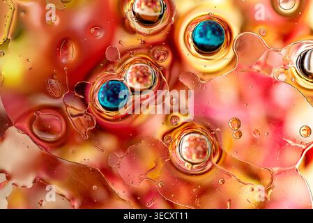 Künstlerische Makrofotografie von Öltröpfchen im Wasser, die leuchtende rote und gelbe Kugelmuster und helle Reflexionen erzeugen. Stockfoto