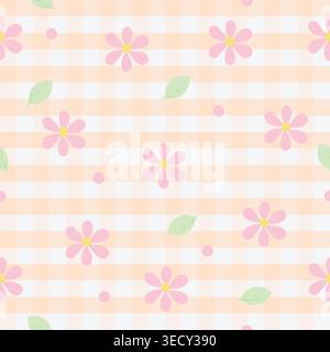 Nettes nahtloses Muster mit rosa Blumen, weichen Blättern und pastellfarbenen Gingham-Hintergrund, flache Vektorillustration ideal für Stoff, Verpackungspapier, Wallpap Stock Vektor