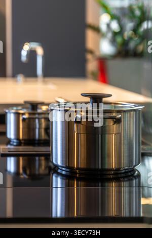 Edelstahl-Topf in einer modernen Küche. Ästhetik des Kochens zu Hause. Stockfoto