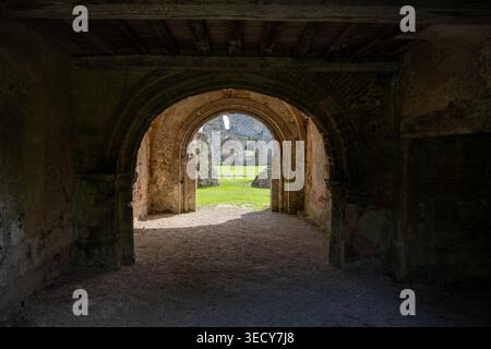 Blick durch einen gewölbten Steinbogen in den Innenhof der Castle Acre Priory Ruinen, Castle Acre, Norfolk, England, Großbritannien. Stockfoto