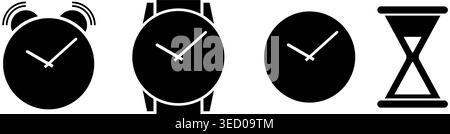 Satz schwarzer Uhrensymbole, einschließlich Wecker, Wanduhr und Sanduhr in minimalem Stil. Geeignet für Zeitmanagement-Apps, Planung oder p Stock Vektor