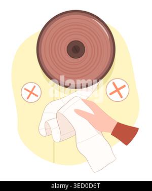 Menschliche Hand zieht zu viel Toilettenpapier aus dem Toilettenpapierhalter für verschwenderisch benutztes Konzept Illustrations Clip Art Stock Vektor