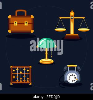 Set aus klassischen professionellen Büro-, Rechts- und Finanzwesen-Vektor-Illustrationen mit einer Lederaktentasche, Waagen der Gerechtigkeit und Banker-Lampe. Stock Vektor