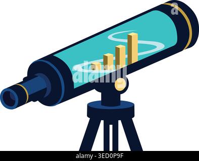 Isometrische Darstellung des Business Telescope mit steigendem Balkendiagramm und Währungssymbol, die Finanzprognosen und Marktwachstumsanalyse darstellen Stock Vektor