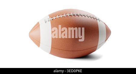 Klassischer American Football Ball mit brauner, strukturierter Lederoberfläche, weißen Schnürsenkeln, isoliert vor reinem Hintergrund Stockfoto