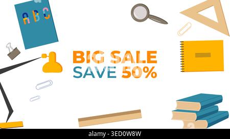 Back to School Sale Rabattbanner mit Schulelementen und Verkaufsetiketten. Für Werbung, Webdesign, soziale Medien und Printwerbung Vektorillustration Stock Vektor