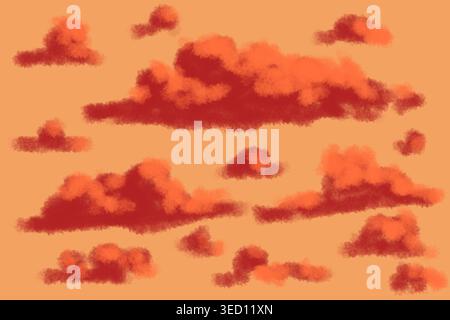 Weiche, flauschige Wolken, die an einem klaren, orangen Himmel schweben. Minimale handgezeichnete Wolkendarstellung mit einer ruhigen und traumhaften Atmosphäre. Stockfoto