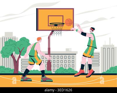 Street Basketball Spiel mit Spielern und City Skyline für Urban Sport Poster, Teamturnier Banner und Fitness App oder Website Design. Stilisiert Stock Vektor