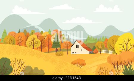 Ländliche Landschaft mit Haus- und Erntefeldern für ländliche Banner, Herbstposter und gemütliche Verpackungen oder Kopfzeilen für Websites. Vektor Stock Vektor